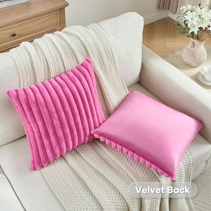 FUTEI Hot Pink Striped Decorative Throw Pillow Covers 20x20 Inch Set of 2,Square Fall Decorations Couch Pillow Case,Soft Cozy Faux Rabbit Fur & Velvet Back,Modern Home Decor for Bed