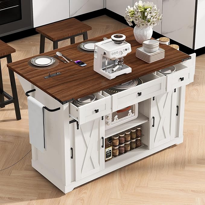 Merax Farmhouse 58 inch Kitchen Island on 5 Wheels with Drop Leaf Table, Power Outlet & Glass Holders, Wood Kitchen Rolling Cart with Spice Rack & Sliding Barn Door, 3 Drawers & Cabinet, White