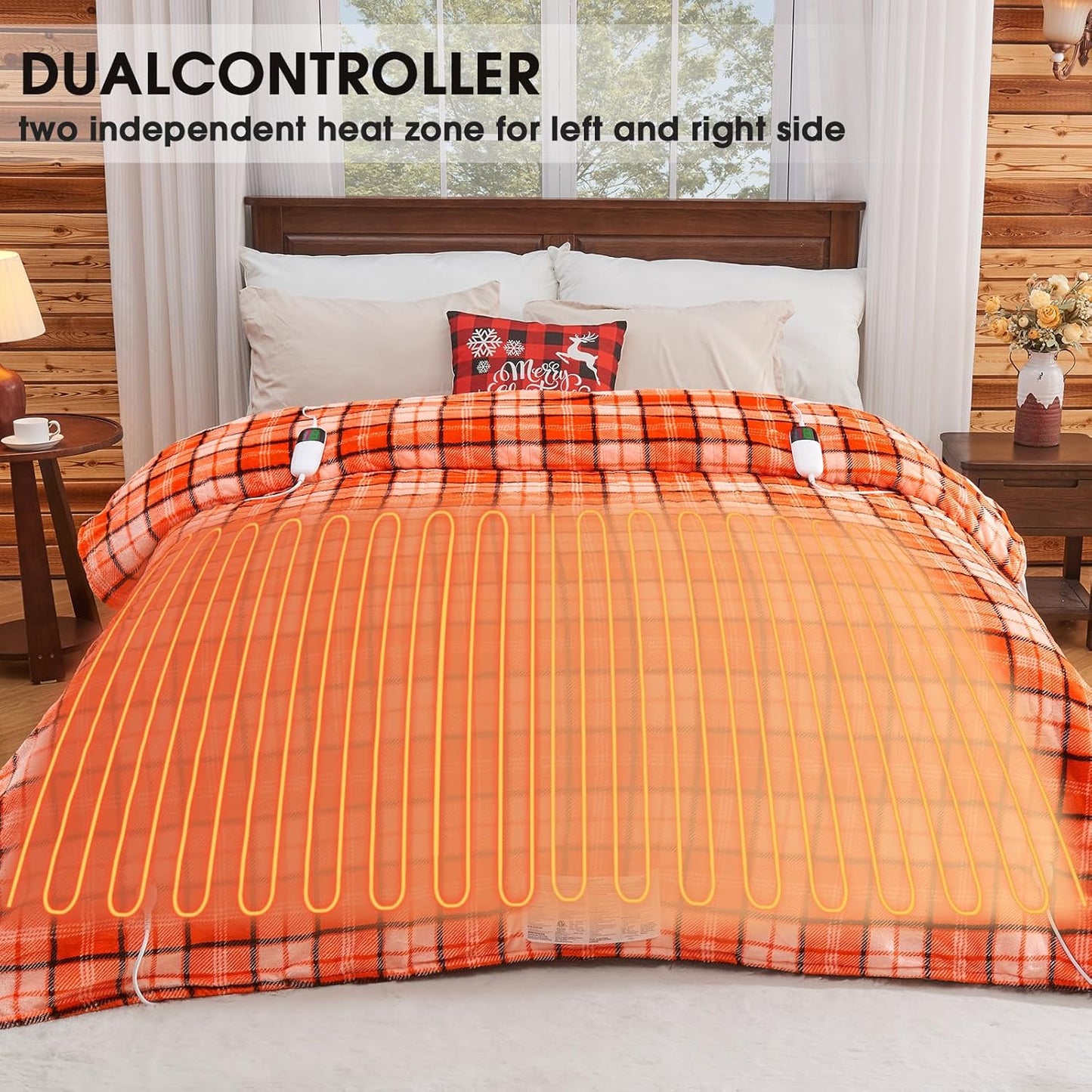 Heated Electric Blanket Queen Size, 84X90 Heating Blanket Queen with Dual Control&10 Heats Levels&Timer for Bed,Orange Plaid Sherpa Blankets Warmer Gift for Grandma Women Halloween Home Decor, ETL