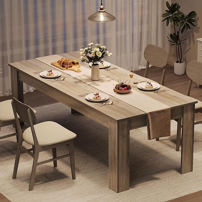 CABIHOME 71" Long Dining Table for 6-8, Large Farmhouse Rectangular Kitchen Dining Room Table, Wooden, Thick Frame & Sturdy Triangular Legs, Wood Strip Base for Dinner, Kitchen, Office, Rustic Gray