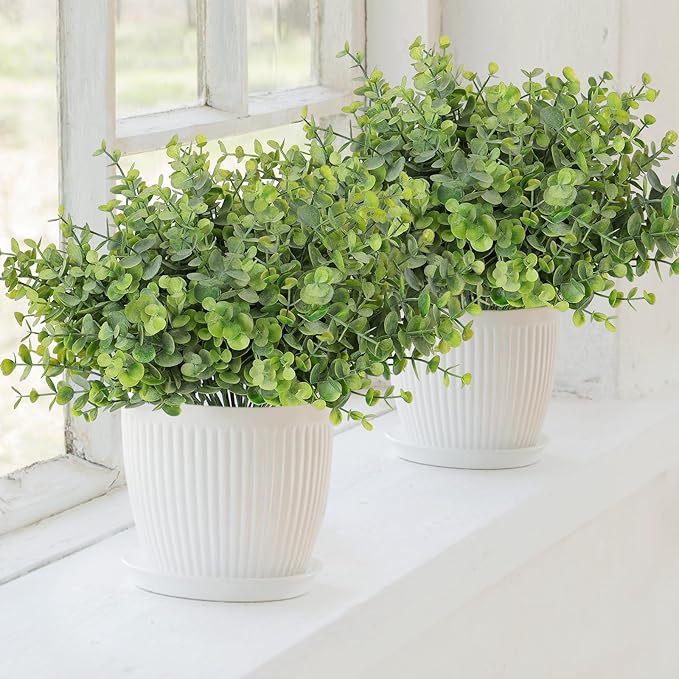TOCHGREEN 8 Bundles Artificial Eucalyptus Leaves Plants Outdoor UV Resistant Faux Plastic Boxwood Shrubs Fake Greenery Plants for Home Farmhouse Porch Patio Window Garden Decoration (Green)