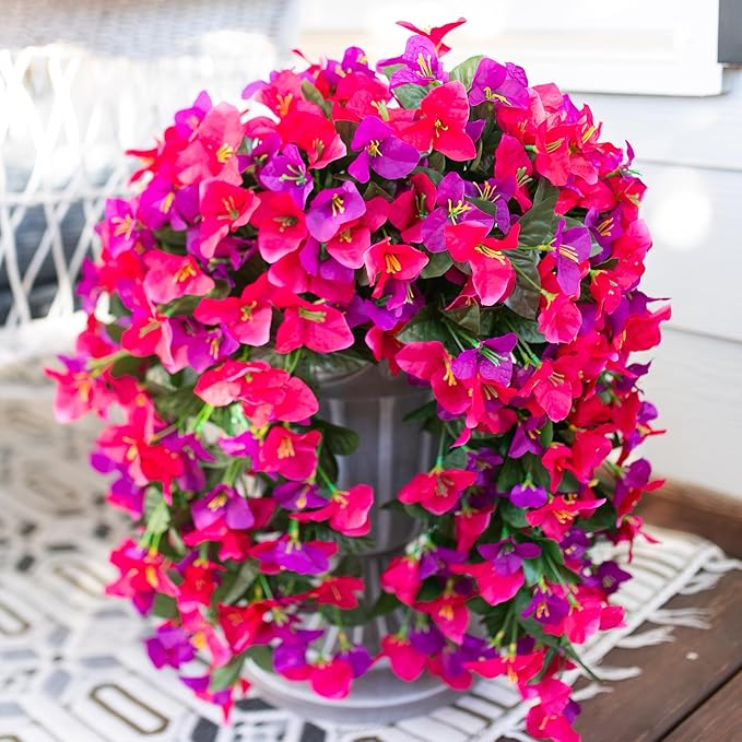 Bougainvillea Artificial Hanging Flowers Plants for Outdoors Decoration, 2pcs Fake Flowers Silk Bougainvillea Vines Realistic UV Resistant Faux Flowers for Outdoor Planters Porch Patio, Mix