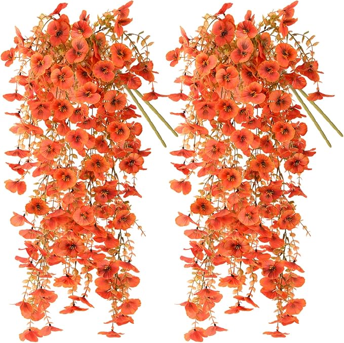 Artificial Fall Flowers for Outdoor, 4 Pcs Faux Pansy Fake Mums Plant Hanging Flowers Outdoor Fall Decor, UV Resistant No Fade Silk Flower for Front Door Porch Planter Patio Yard Garden(Orange)
