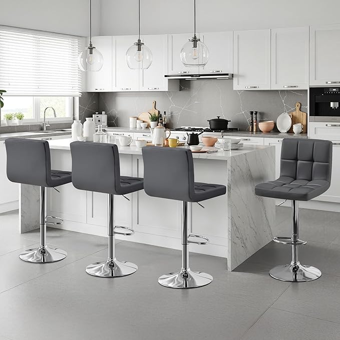 Yaheetech Bar Stools Set of 4, Adjustable Swivel Barstools with High Backrest, PU Leather Kitchen Island Chairs, Thickened Seat Cushion Counter Height Barstools, Grey