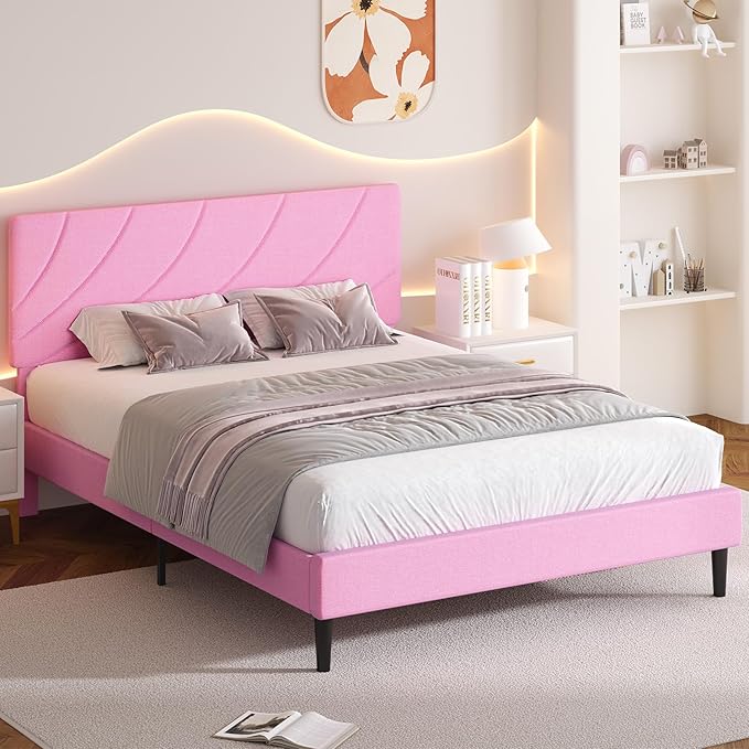 HOMBCK Full Bed Frame with Adjustable Headboard, Full Size Bed Frame with Linen Fabric Upholstered and Wooden Slats Support, No Box Spring Needed, Noise-Free, Easy Assembly, Pink