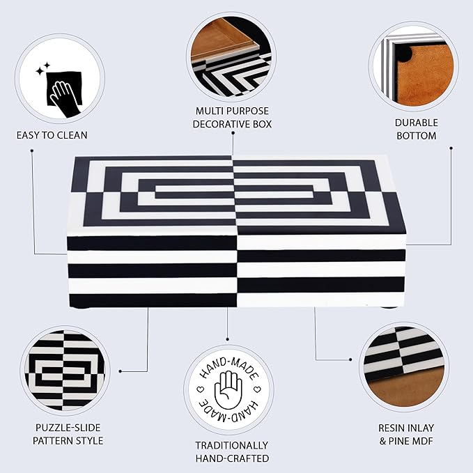 Handicrafts Home Modern Puzzle Slide Decorative Storage Box - Black & White, 8x5x2 Inches