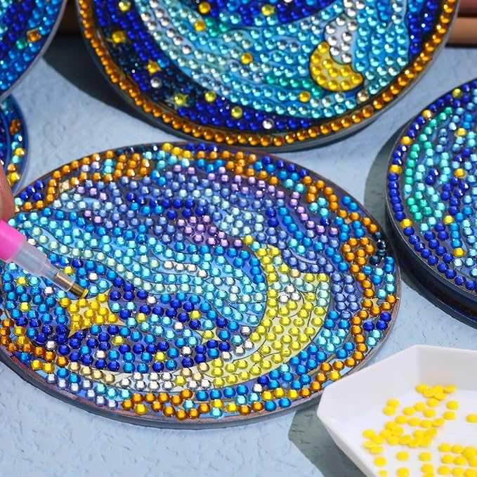 8 PCS Moon Diamond Art Coasters Kits, Diamond Painting Coasters with Holder Set of 8, DIY Drink Coasters Art Crafts Supplies for Adults Cup Mat for Home Decor House Warming Gifts Non-Slip 3.9inch