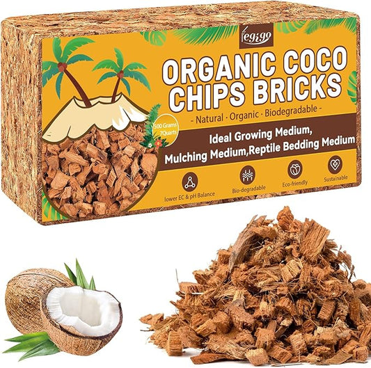 Legigo 1.1 LB Coco Husk Chips for Plants- 100% Organic Coconut Coir Chips Brick with Low EC & PH Balance, Compressed Coconut Substrate Coco Chips Mulch Medium for Garden, Flowers, Plants