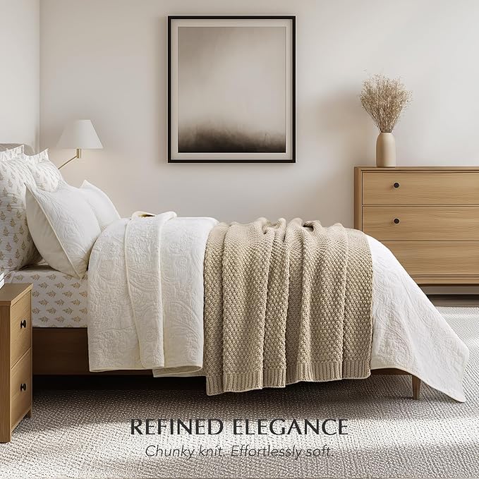 EVERGRACEHOME Chunky Chenille Knit Throw Blanket for Couch, Soft Luxurious Moss Stitch Blankets for Bed, Cozy Decorative Farmhouse Knitted Throws for Sofa, Sand Dune, 50" x 60"