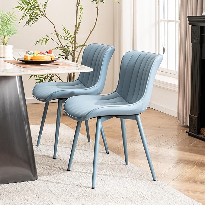 YOUNUOKE Mid-Century Modern Dining Chairs Set of 2, Blue PU Leather Upholstered Kitchen Chairs with Blue Metal Legs, Armless Accent Chair for Dining Room, Guest Reception Room