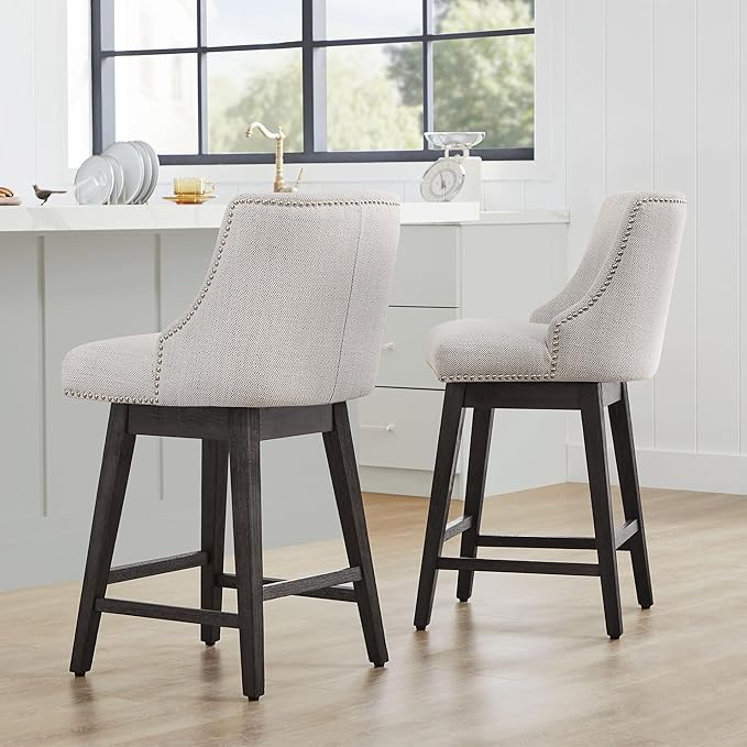 CHITA Counter Height Swivel Bar Stools Set of 2, FSC Certified Upholstered Counter Stools, Modern Swivel Barstools with Wood Legs for Kitchen Island, 26" Seat Height, Fabric in Ivory