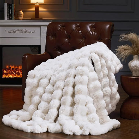 Faux Fur Throw Blanket for Couch, Fluffy Fuzzy Plush Bubble Blanket, Soft Warm Cozy Shaggy Rabbit Blanket, Luxury Decorative Gifts for Sofa Bedroom Living Room, 60x80inch (Beige)