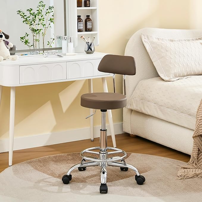 Salon Rolling Chair, Adjustable Stool with Footrest and Back 19.5"-26.6",Coffee Brown Massage Stools with Wheels (Coffee Brown)