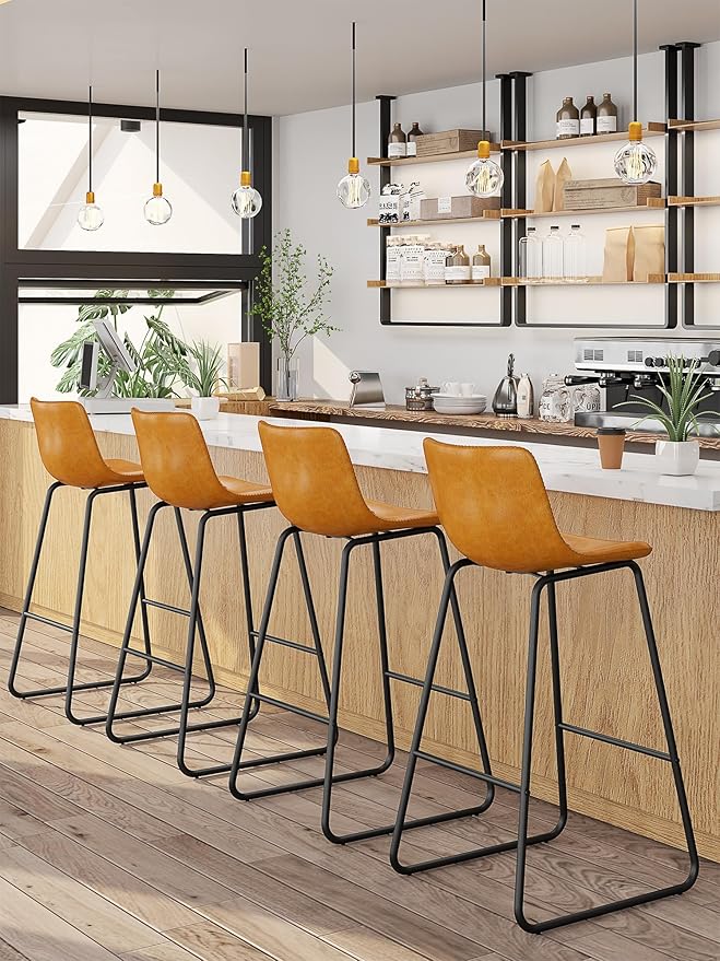 Bar Stools Set of 3, 30 Inches Counter Height Bar Stools with Back, Modern Faux Leather Barstools with Metal Legs and Footrest, Bar Chairs for Kitchens Island (Whiskey Brown)