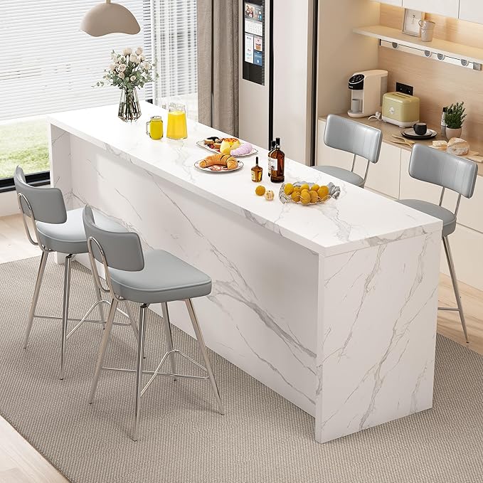 Swivel Counter Height Bar Stools Set of 2, 26" Leather Kitchen Swivel Counter Stools with Backs, Metal Legs and Footrest, Bar Chairs for Kitchen Island, Gray