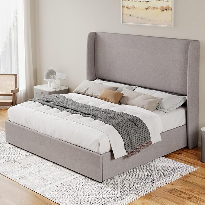 Jocisland Lift Up Storage Bed King Size Linen Upholstered Platform Bed Frame/Hydraulic Storage/Modern Wingback Headboard/No Box Spring Needed/Wood Slats Support/Light Grey