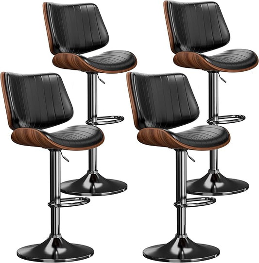 Swivel Bar Stools Set of 4, Adjustable Bentwood Barstools for Kitchen Counter, Modern PU Leather Upholstered Bar Chair with Back and Footrest, for Kitchen Island, Bar, Dining Room, Black