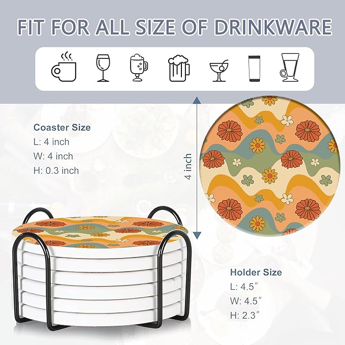 Table Coaster for Drinks Set of 6, Retro 70s Colorful Groovy Round Ceramic Coasters,with Cork Base and Metal Holder,Great Housewarming Birthday Gifts,Home Decor