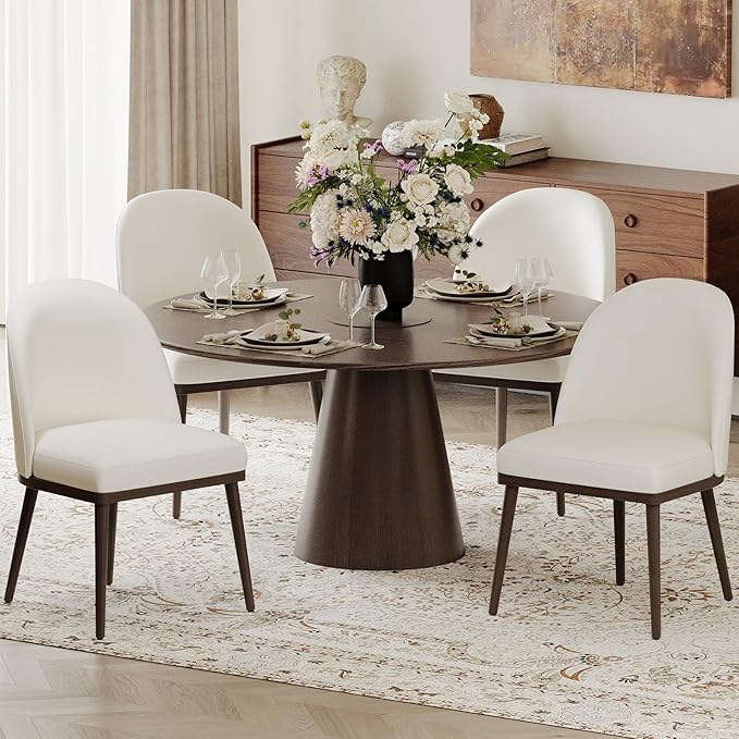 Upholstered Dining Chairs Set of 4, Large Dining Room Kitchen Chairs with High Back and Deep Seat, Modern Fabric Dinner Chairs with Wood Legs, Beige