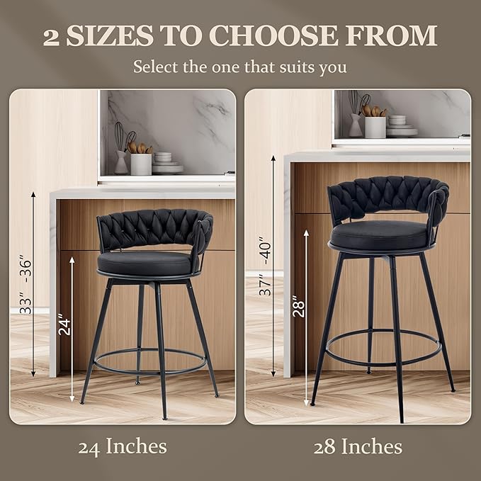 Swivel Black Bar Stools Set of 4, 28 Inches Modern Counter Height Bar Stools with Woven Back, Upholstered Suede Tall Barstools for Kitchen Island, Cafe