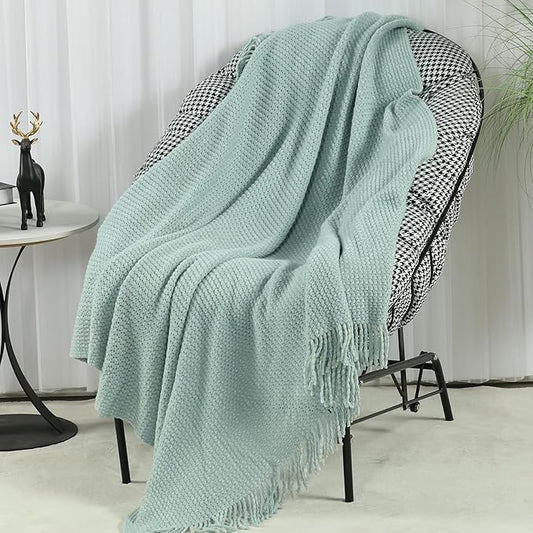 Blagic Knitted Throw Blanket for Couch, Soft Farmhouse Throw Blanket with Tassels,Home Decorative Lightweight Blankets,Spring Throws for Bed/Chair/Sofa,Wheat Textured (Light Blue&White,50" W x 60" L)