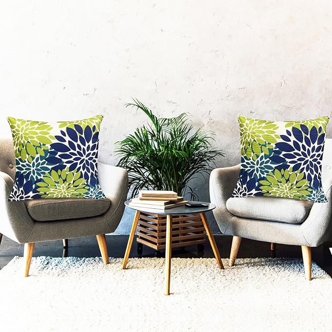 Decorative Throw Pillow Covers Set of 2 Blue Green Pillow Covers 16x16 Inch Couch Pillow Covers for Sofa Living Room Outdoor Throw Pillow Cover Linen Floral Flower Farmhouse Pillowcase