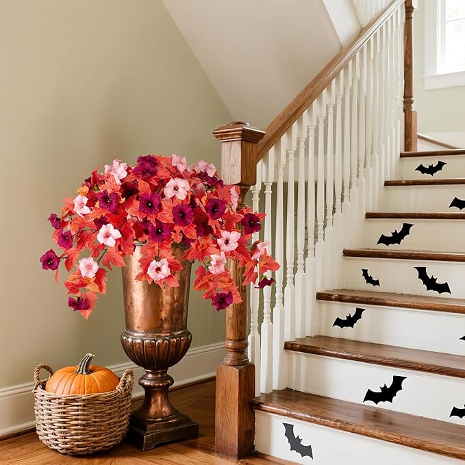 Fake Fall Flowers for Outdoors Decor 2PCS Artificial Flowers Fake Faux Silk Petunias Faux Fall Flower, UV Resistant Autumn Plants for Garden Porch Balcony Realistic Halloween Decoration(Burgundy Pink)