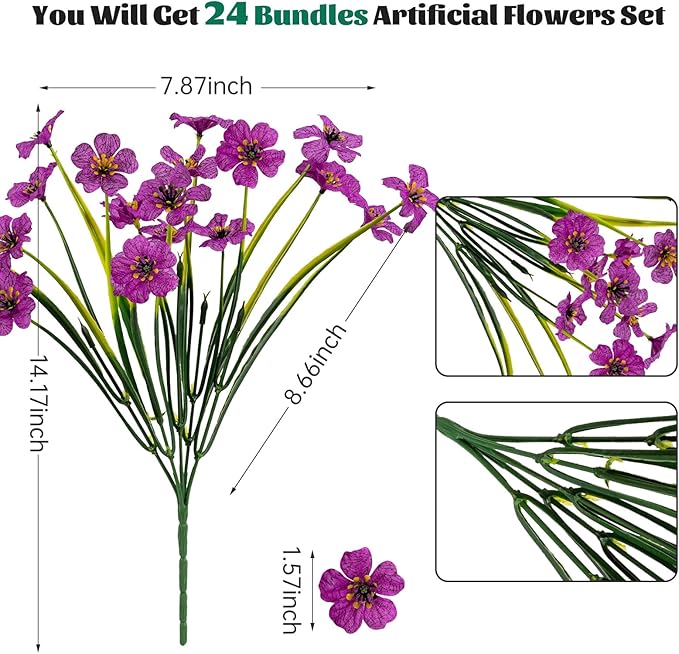 Lnoicy 24 Pcs Artificial Flowers for Outdoor,Plastic Flowers Decoration, UV Resistant Faux Flowers Shrubs, Artificial Plants for Indoor Outside Garden Home Wedding Farmhouse(Fuchsia)