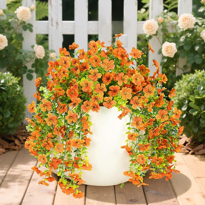 Artificial Flowers for Outdoors Decoration, 2 Pcs Outdoor Faux Plants Daisy with Eucalyptus Leaves Fall UV Resistant Fake Flowers Hanging Planters for Front Porch Patio Yard Door Garden Home Decor