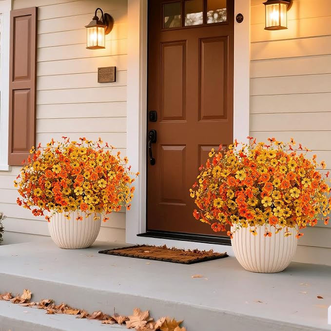 Artificial Mums Fall Fake Flowers for Outdoors, 12 Bundles Faux Mums for Outdoor Planters Decorations,UV Resistant Silk Flowers Plastic Plants for Front Porch Garden Patio Home Decor (F-Orange Yellow)