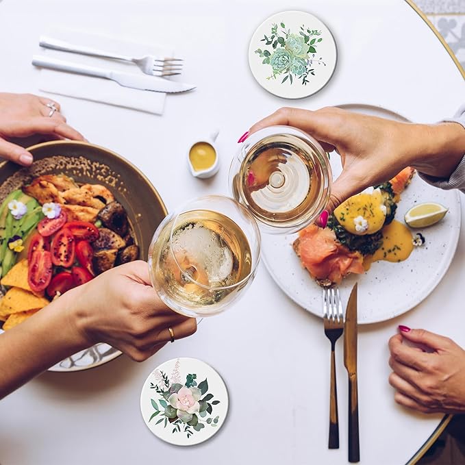 Table Coaster for Drinks Set of 6, Cactus Succulent Flower Round Ceramic Coasters,with Cork Base and Metal Holder,Great Housewarming Birthday Gifts,Home Decor