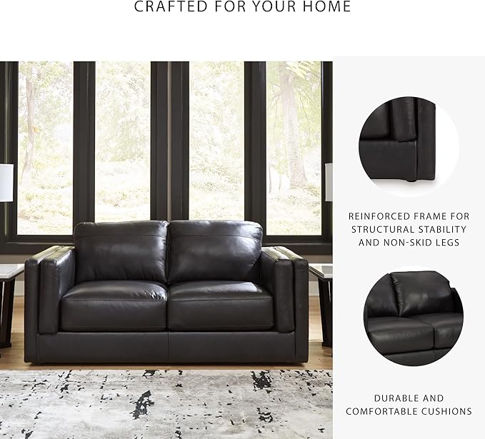 Signature Design by Ashley Amiata Modern Leather Match Loveseat with Non-skid Legs, Black