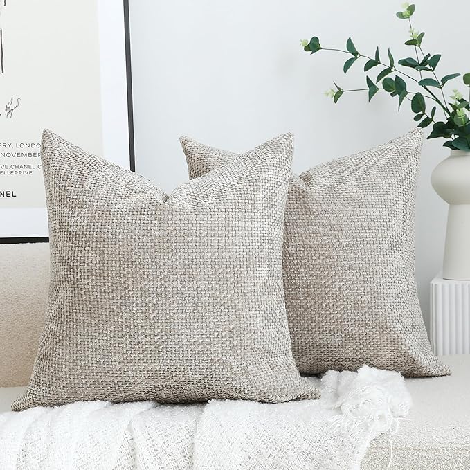 Stellhome Pack of 2 Chenille Neutral Decorative Throw Pillow Covers Soft Woven Textured Luxury Accent Cushion Cases for Living Room Couch Bed Sofa Farmhouse Boho Home, 18x18 inch, Light Brown