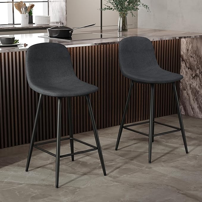 Modern Bar Stools Set of 4,Grey Techno-Fabric Counter Height Bar Stools,24.6" Bar Chairs with Back Metal Footrest,Modern Counter Stool with Back and Footrest for Kitchen Island Restaurants Pubs