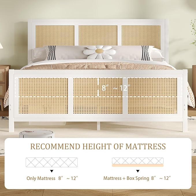 Rattan Bed Frame, Boho King Bed Frame and Headboard, Metal Platform King Size Bed Frames with Strong Slat Support, No Box Spring Needed, Noise Free, Easy Assembly, White
