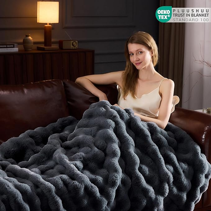 Faux Fur Throw Blanket for Couch, Fluffy Fuzzy Plush Bubble Blanket, Soft Warm Cozy Shaggy Rabbit Blanket, Luxury Decorative Gifts for Sofa Bedroom Living Room, 60x50inch (Grey)