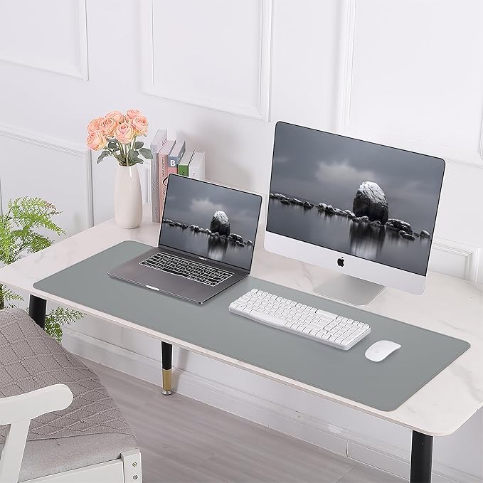 Leather Desk pad Protector,47" x 17" Large Desk mat with Natural Cork & PU Leather,Mouse pad,Non-Slip Office Desk Mat,Waterproof Desk Writing Pad for Office and Home (Light Gray)