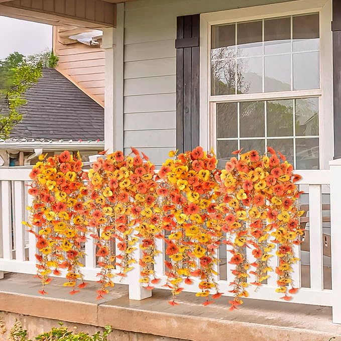 Artificial Fall Flowers for Outdoor, 4 Pcs Faux Pansy Fake Mums Plant Hanging Flowers Outdoor Fall Decor, UV Resistant No Fade Silk Flower for Front Door Porch Planter Patio Yard Garden(Orange Golden)