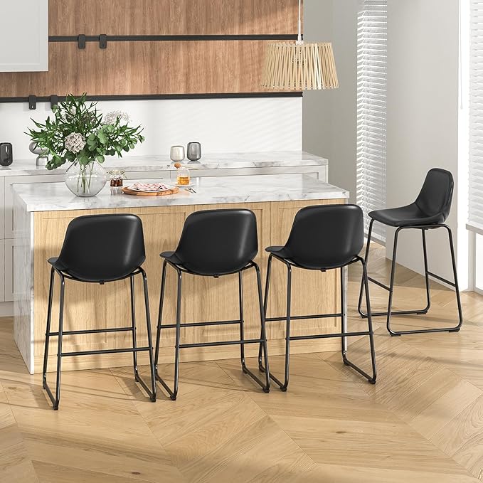 Rfiver Pu Faux Leather Bar Stools Set of 4, Industrial Pub Barstools with Back and Footrest, Modern Armless Bar Height Stool Chairs (Black, 30" Barstool x4)