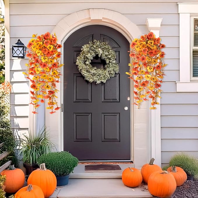 Artificial Fall Flowers for Outdoor, 4 Pcs Faux Pansy Fake Mums Plant Hanging Flowers Outdoor Fall Decor, UV Resistant No Fade Silk Flower for Front Door Porch Planter Patio Yard Garden(Orange Golden)