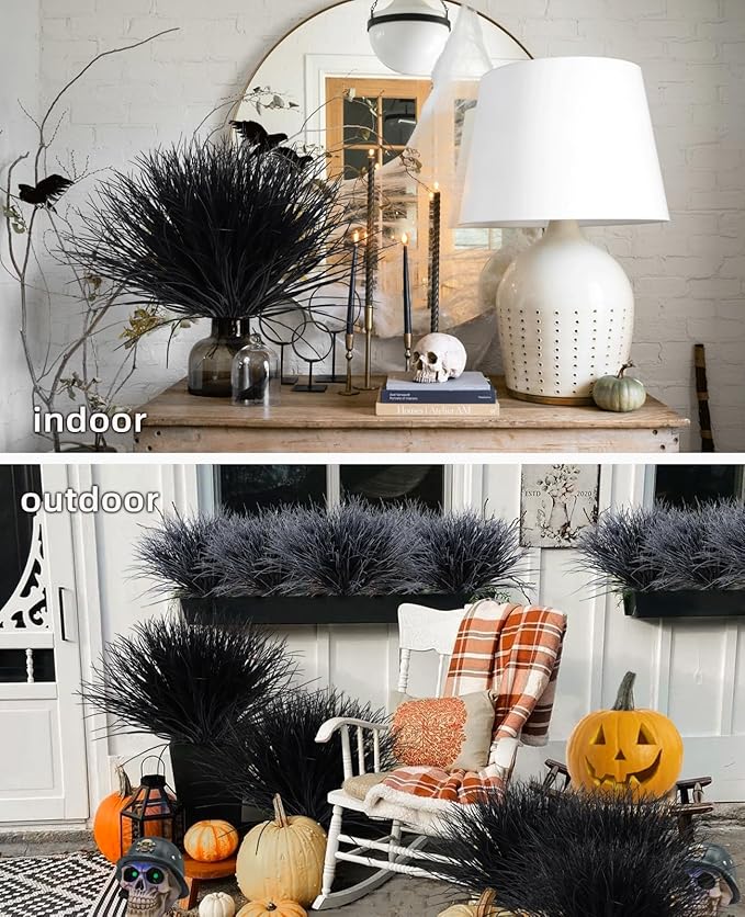 Fake Black Plants,Artificial Grass Fake Plants Outdoor Plants UV Resistant Black Greenery Stems Fake Grass Halloween Plants for Window Garden Patio Pathway Front Porch Halloween Décor 12Pcs(Black)
