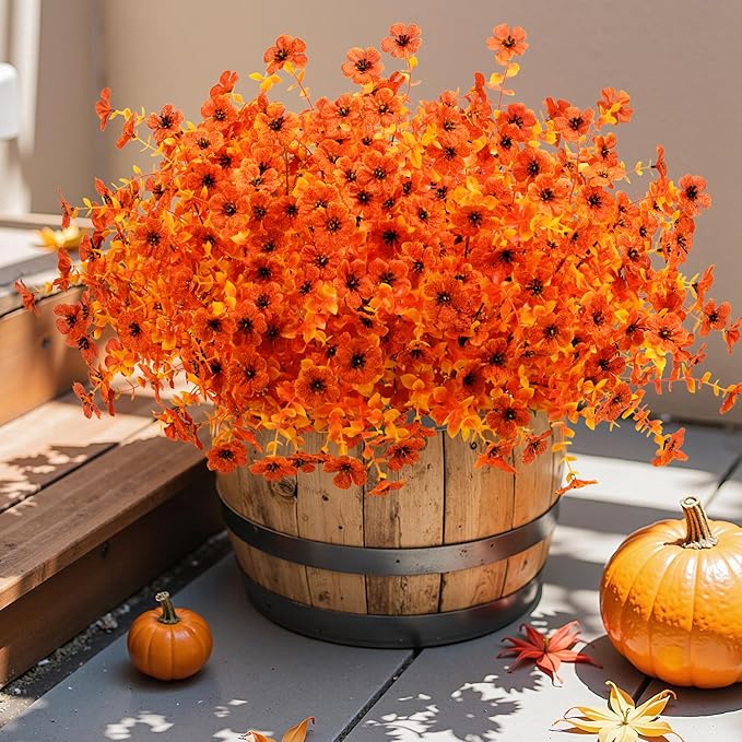Artificial Mums Fall Fake Flowers for Outdoors, 12 Bundles Faux Mums for Outdoor Planters Autumn Decorations,UV Resistant Silk Flowers Plastic Plants for Outside Front Porch Garden Patio Home Decor