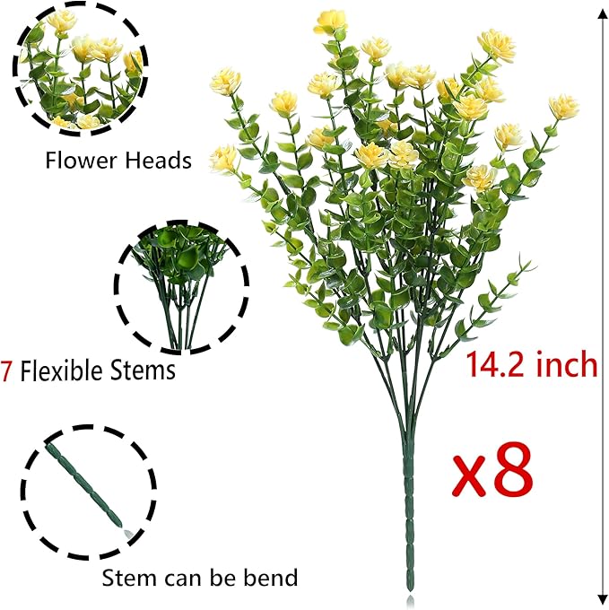SITUMEIZI 8 Bundles Yellow Artificial Flowers Outdoor Fake Flower Plastic UV Resistant Shrubs Greenery Plants Hanging Decorations Garden Porch Window Box Farmhouse Outside Summer Indoor Decor