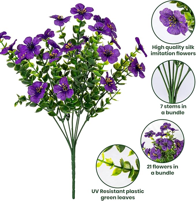 20 Bundles Artificial Flowers for Outdoor Fake Plants for Spring Decoration,Faux Eucalyptus Flowers for Planter UV Resistant Lifelike for Home Porch Garden（4 Color）