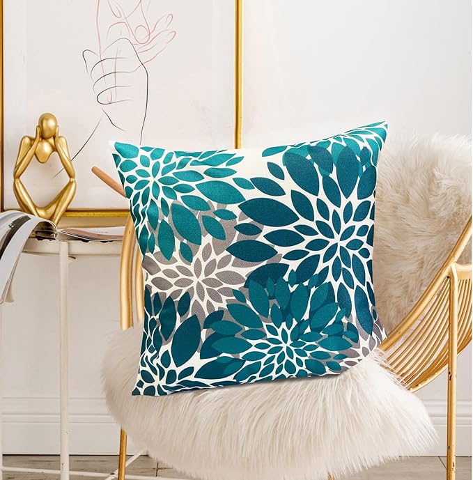 Decorative Throw Pillow Covers Set of 2 Teal Blue Pillow Covers 16x16 Inch Couch Pillow Covers for Sofa Living Room Outdoor Throw Pillow Cover Linen Floral Flower Farmhouse Pillowcase