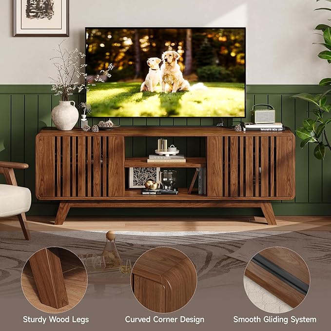 ONBRILL 63-Inch TV Stand for TVs up to 75 Inch, Mid-Century Modern Television Stand with Power Outlet, Entertainment Center with Sliding Grille Door Cabinets and Open Shelves for Living Room, Walnut