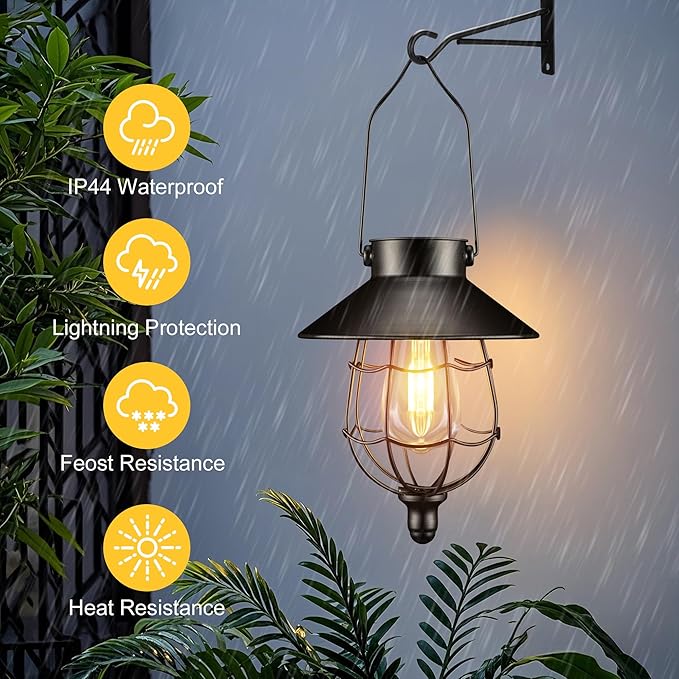 Solar Lanterns Outdoor Hanging Metal Vintage Lantern Warm White Solar Lights lamp Waterproof Edison Bulb Design for Pathway Garden Patio Yard Tree Decoration (2 Pack Black)
