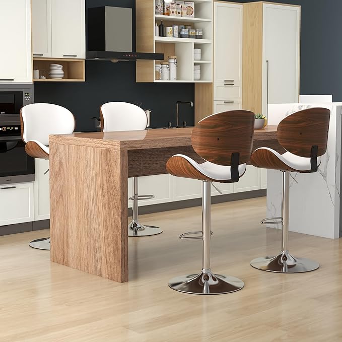 KCC Bar Stools Set of 4, Swivel Adjustable Height Barstools, PU Leather Upholstered Bar Chairs with Footrest, Bentwood Bar Stool for Kitchen, Bar, Dining Room(White PU)