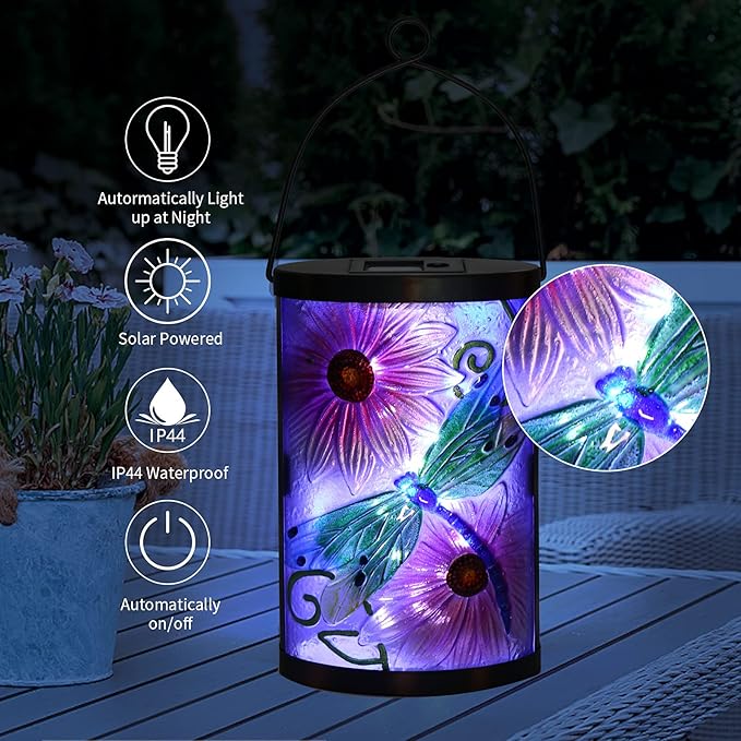 Afirst Solar Lantern Outdoor Hanging Glass Solar Dragonfly Lights Waterproof Led Lamp for Garden Yard Tree Desk Decor