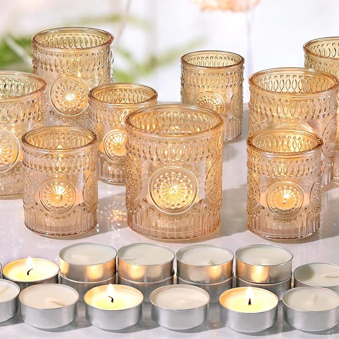 Volens 20pcs Assorted Gold Votive Candle Holders with 20pcs Tealight Candles, Large Glass Votive & Tea Light Candle Holder for Wedding Table Centerpieces, Christmas Party Decorations, Fall Home Decor